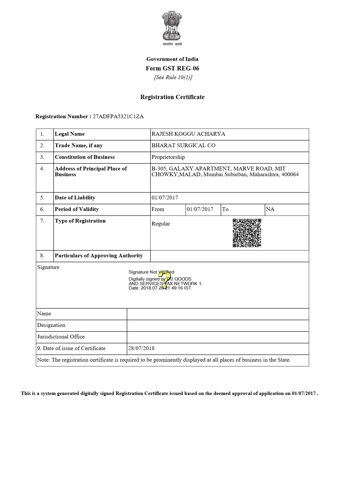 GST Registration Certificate - Bharat Surgical Co.