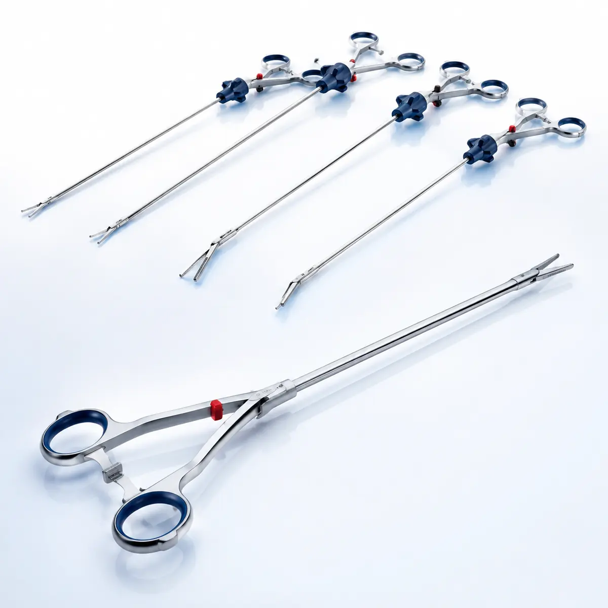 Laparoscopic Needle Holders surgical instrument on a clean clinical blue background