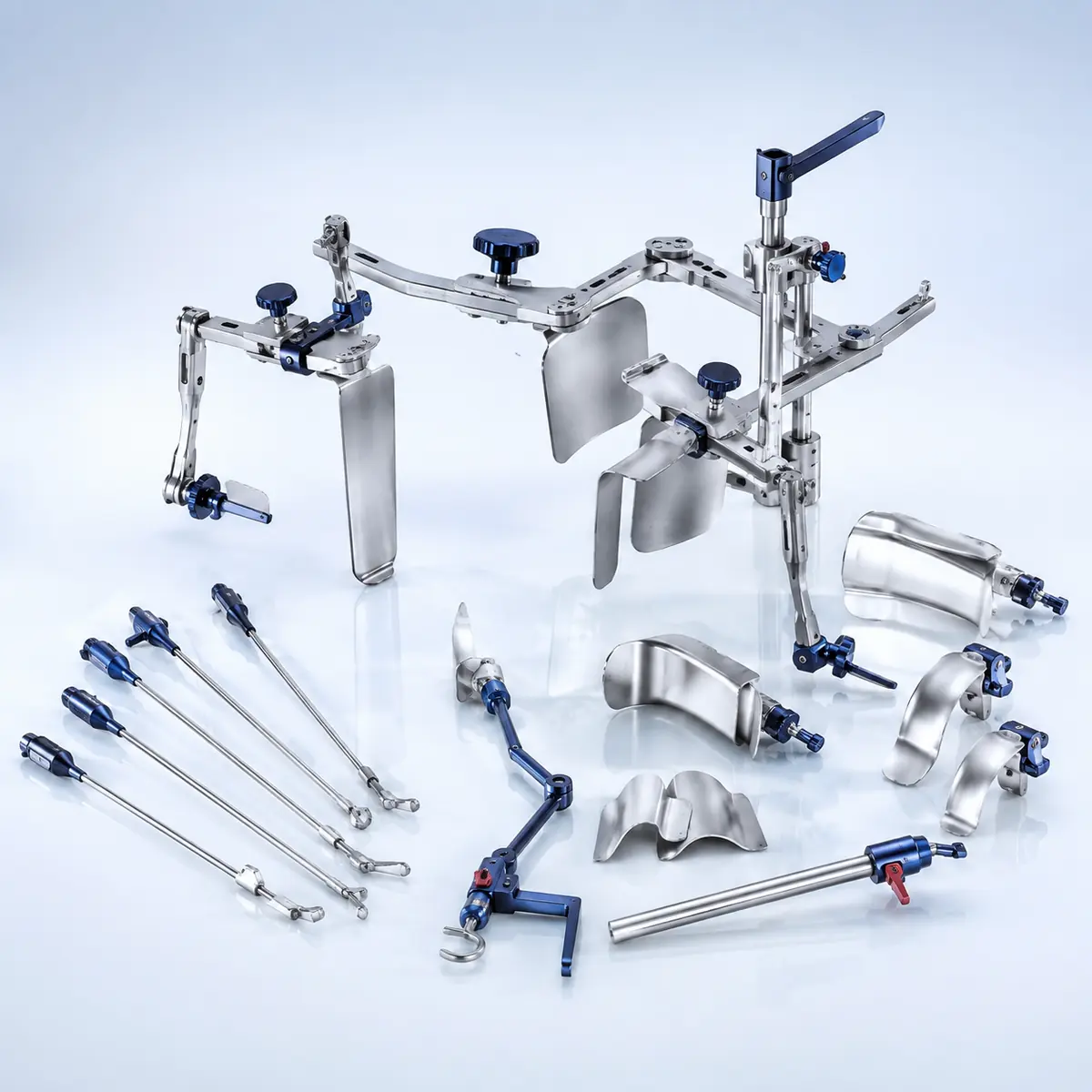 Laparoscopic Retractors surgical instrument on a clean clinical blue background