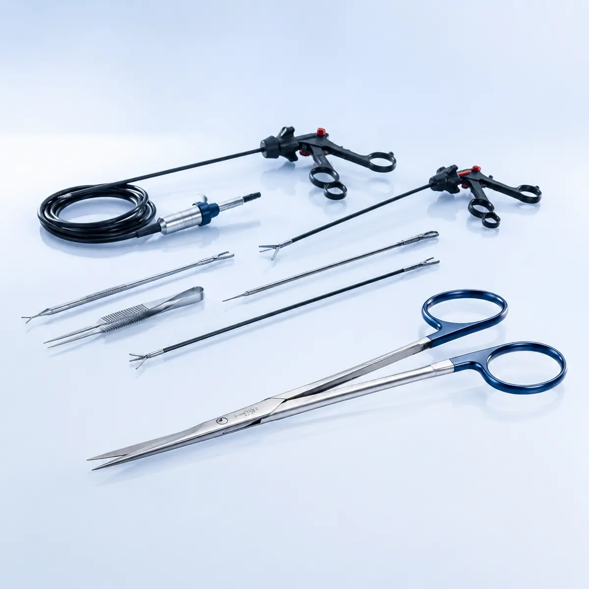 Micro Scissors surgical instrument on a clean clinical blue background