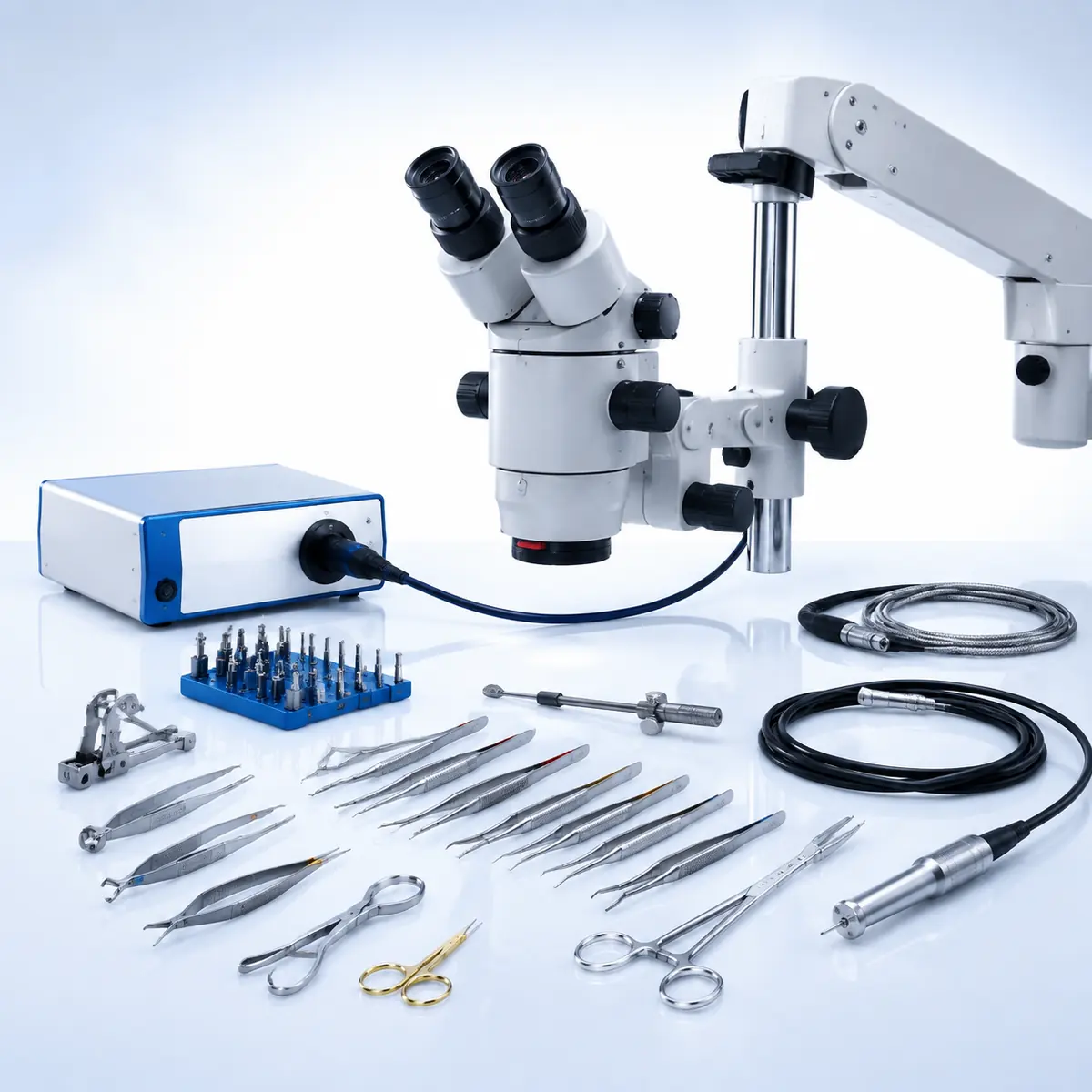 Microsurgery Instruments surgical instrument on a clean clinical blue background