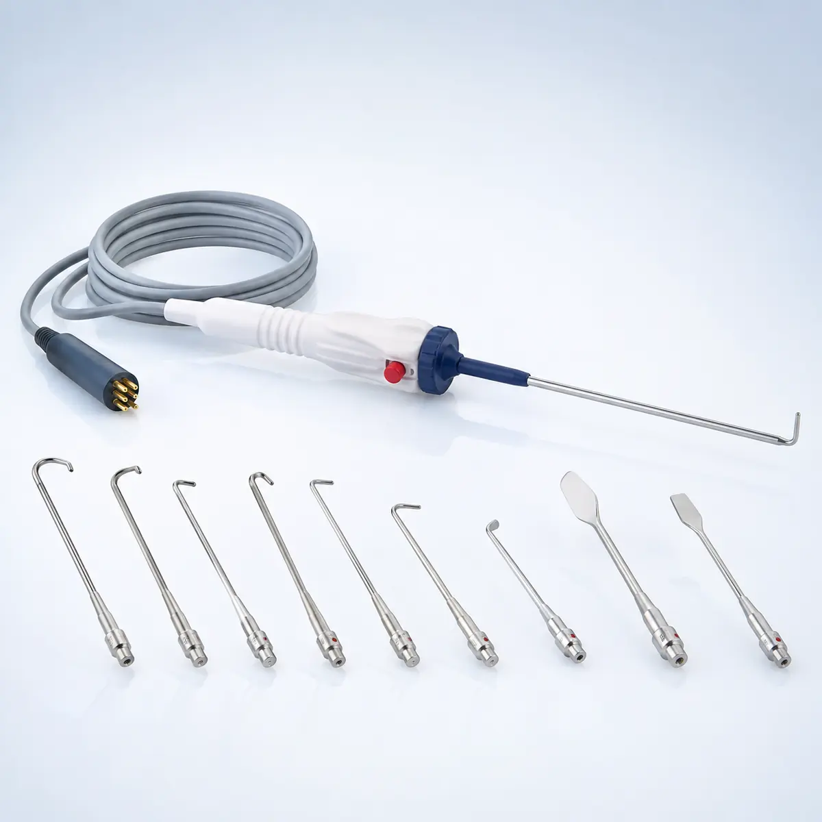 PCOD Needle surgical instrument on a clean clinical blue background