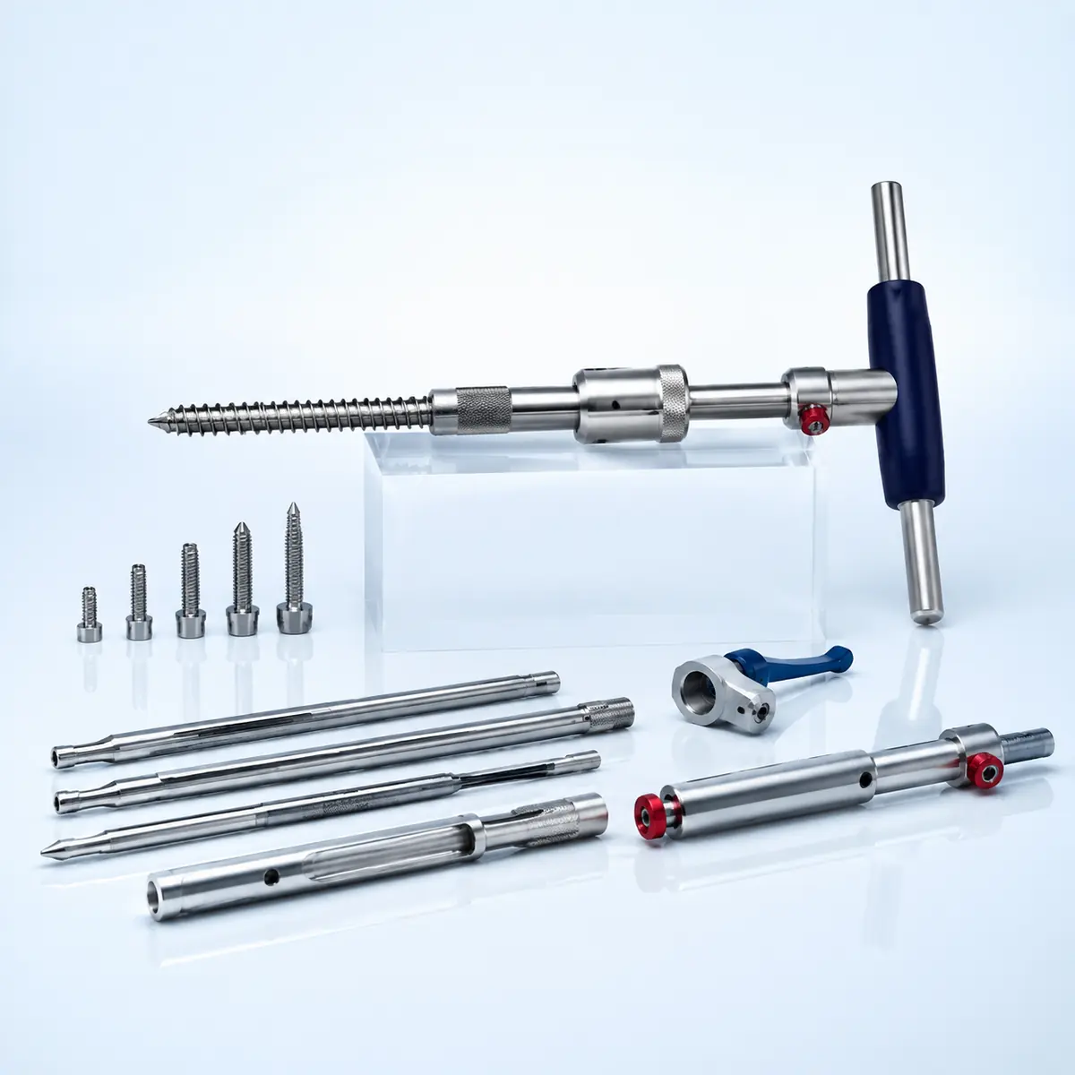 Myoma Screw surgical instrument on a clean clinical blue background