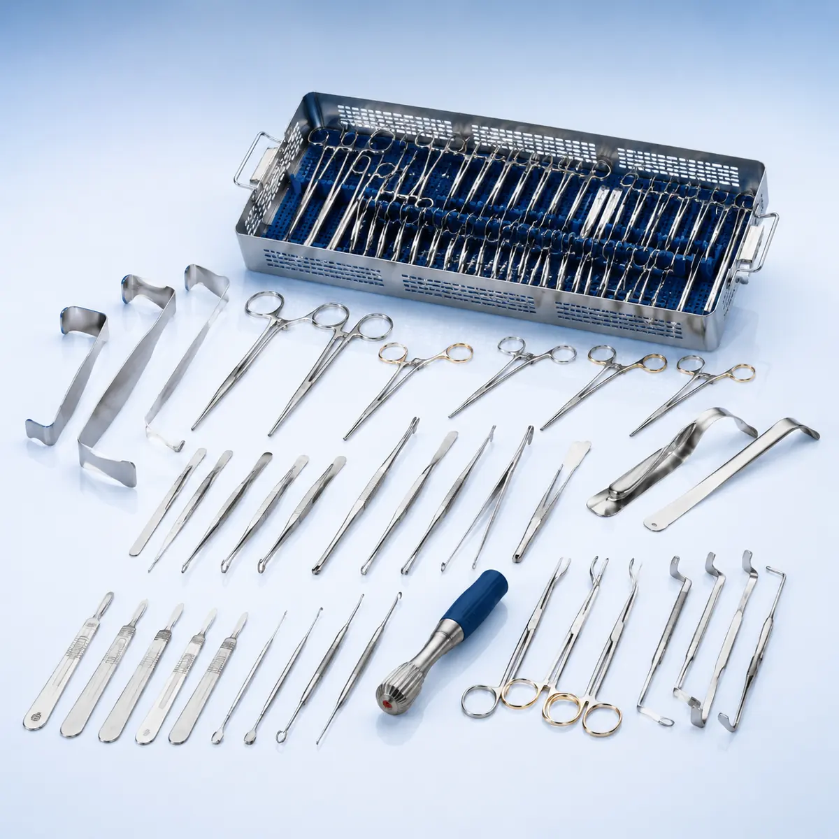 Open Surgery Instruments surgical instrument on a clean clinical blue background