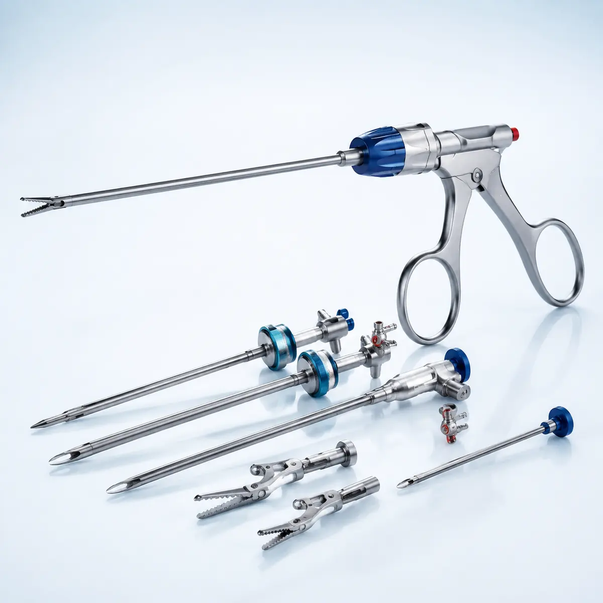 Satinsky Clamp / Endo Knife surgical instrument on a clean clinical blue background