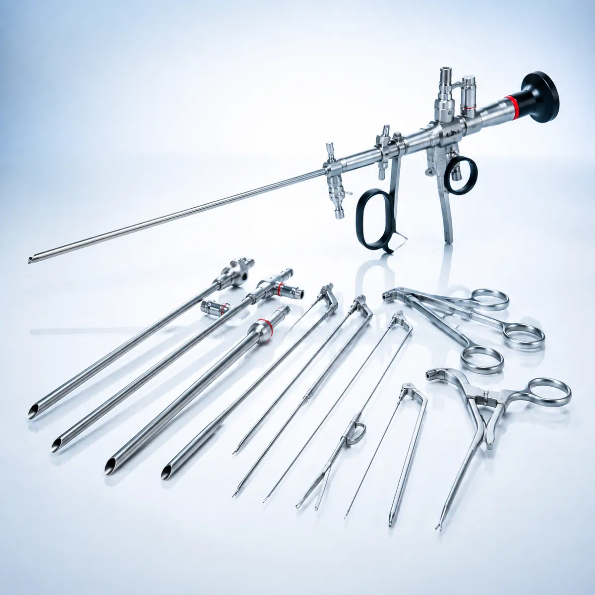 Urology Instruments surgical instrument on a clean clinical blue background